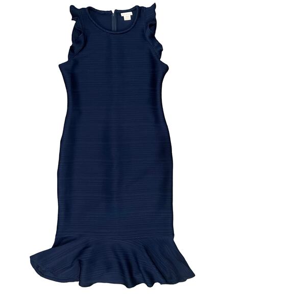 Shoshanna Navy Blue Ruffle Hem Sleeveless Ribbed Sheath Midi Dress size 6 - Picture 8 of 11